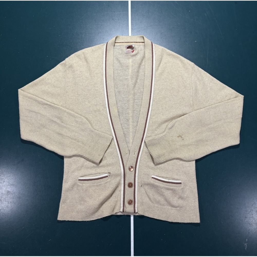 Vintage 60s McGregor Lambswool Cardigan Sweater Men's Size 44 Beige Rockabilly
